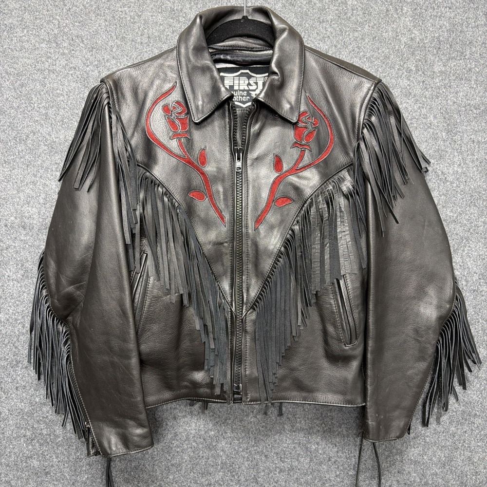 Vintage First Genuine Leather Fringe Jacket Women's Size 10 Black Red Roses